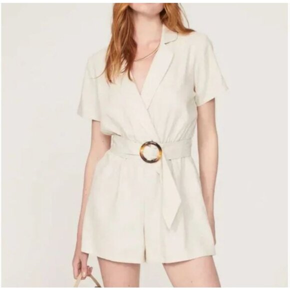 Louna Pants - Louna Womens Beige Short Sleeve Romper With Belt, S, Viscose/Linen Blend Made In